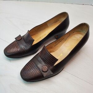 Andrew Geller Women's Dark Brown Leather Lizard Accent Loafer Heels Size 4.5 B
